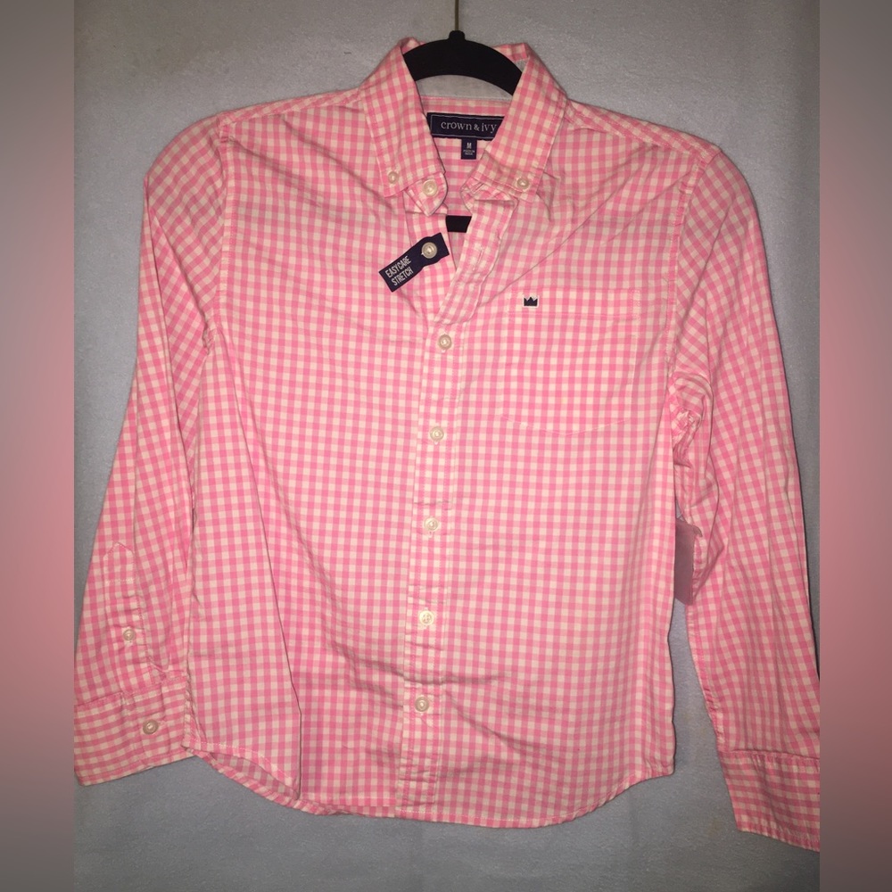Crown and Ivy Boys M Pink gingham button up shirt